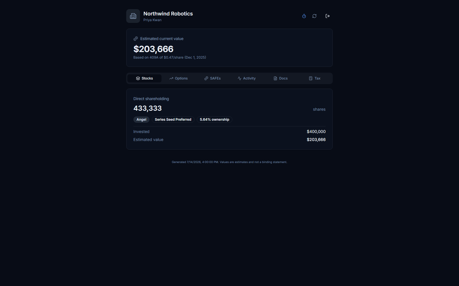 Employees and investors see their own equity at a private, passwordless link. No spreadsheets over email.